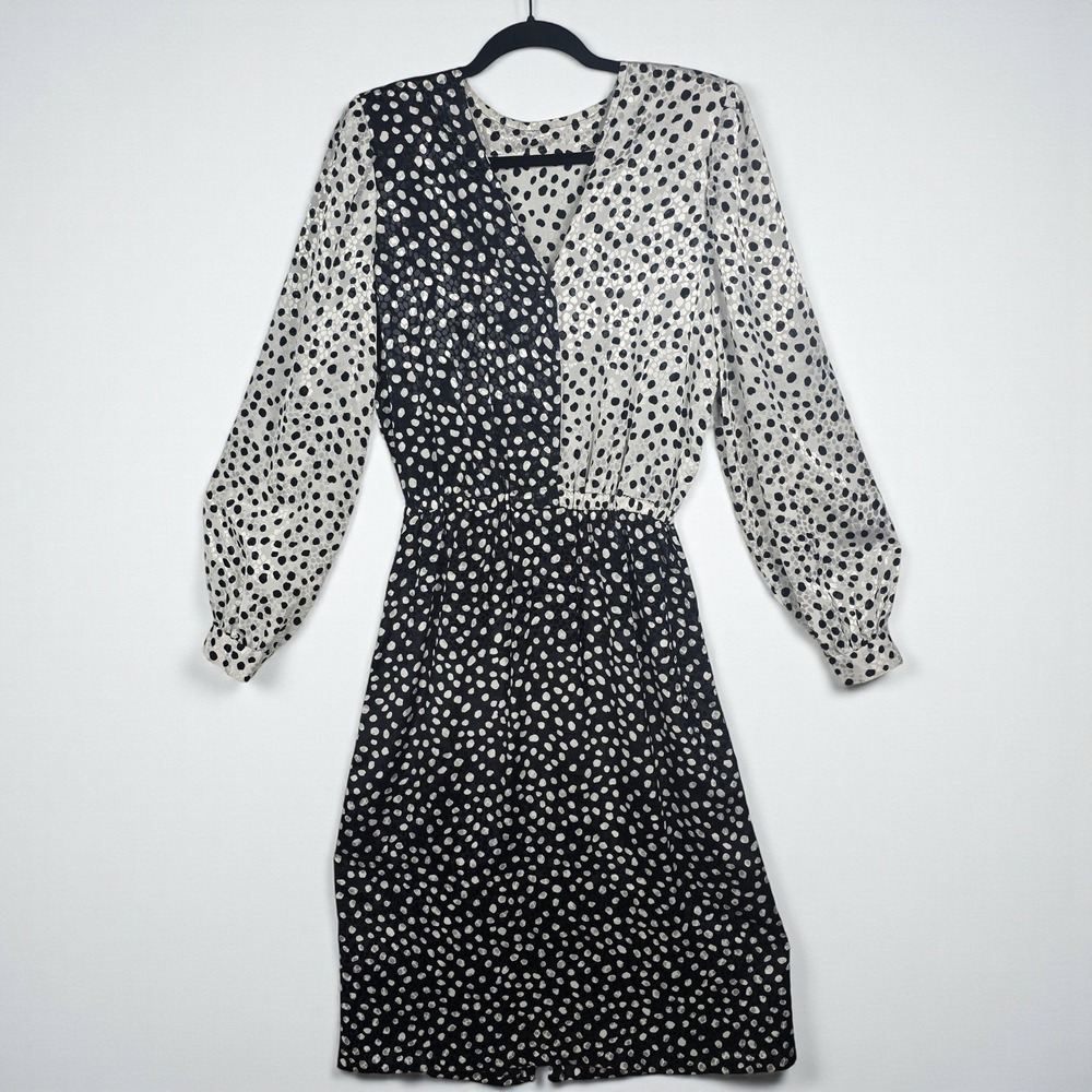 Vintage Polka Dot Midi Dress‎ Black White Long Sleeve V Neck Elastic Waist M/L?